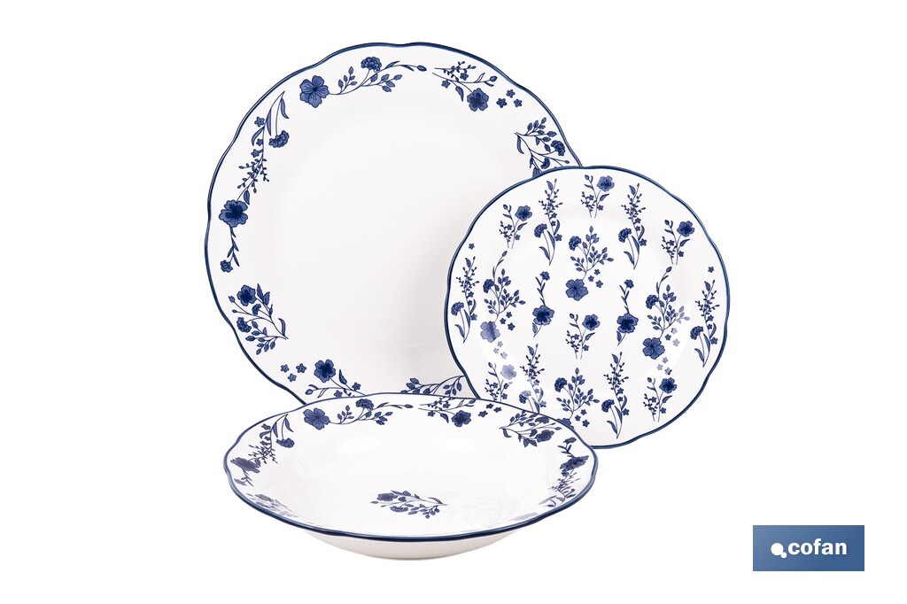 VAJILLA DE PORCELANA CON DETALLE FLORAL AZUL ESMALTADO DE FORMA IRREGULAR 18 PIEZAS (PACK: 1 UDS) VAJILLA DE PORCELANA CON DETALLE FLORAL AZUL ESMALTADO DE FORMA IRREGULAR 18 PIEZAS (PACK: 1 UDS)