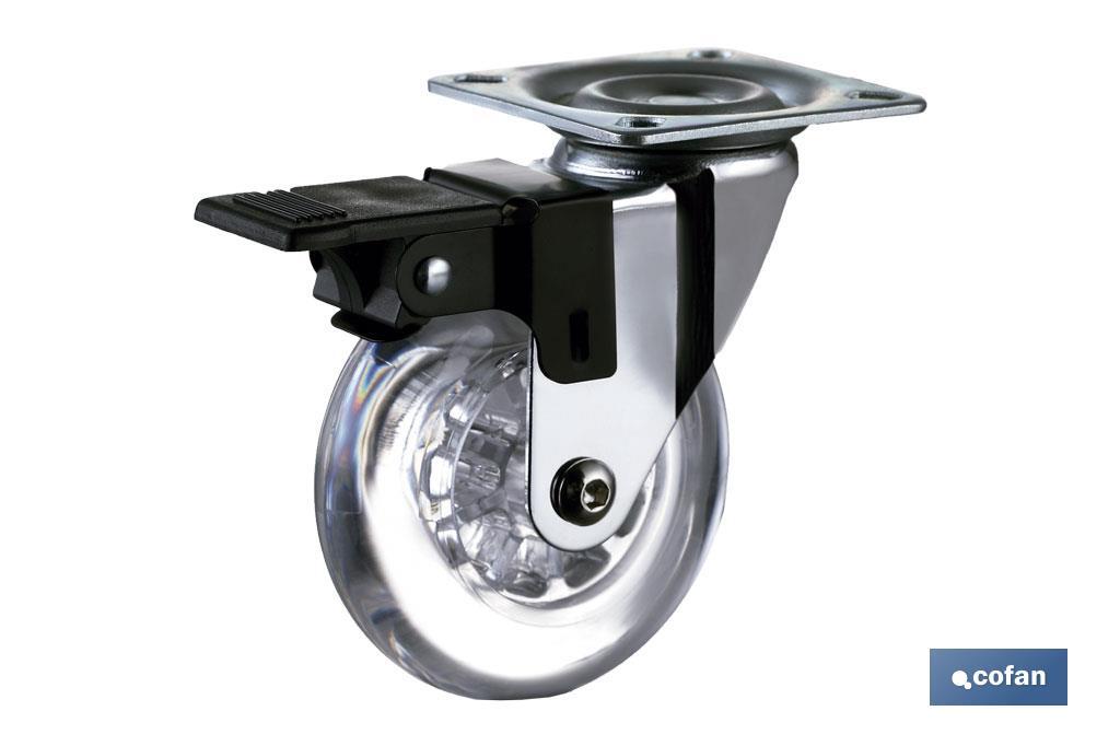 RUEDA TRANSP/CROMADO PLACA/FRENO PU Ø75MM (PACK: 1 UDS) RUEDA TRANSP/CROMADO PLACA/FRENO PU Ø75MM (PACK: 1 UDS)