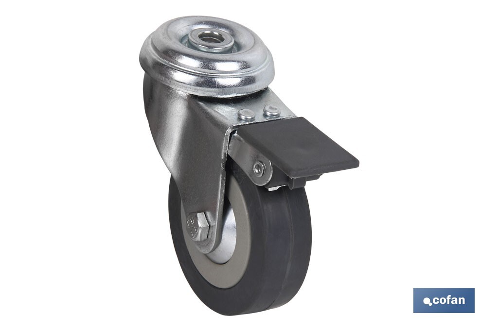 RUEDA DE GOMA GRIS CON AGUJERO PASANTE Y FRENO Ø40 x 18 MM (PACK: 4 UDS)