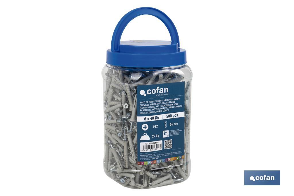 TACO GOLPE CON COLLARÍN AVELLANADO 6 X 40 BOTE DE 500 UDS. (PACK: 1 UDS) TACO GOLPE CON COLLARÍN AVELLANADO 6 X 40 BOTE DE 500 UDS. (PACK: 1 UDS)