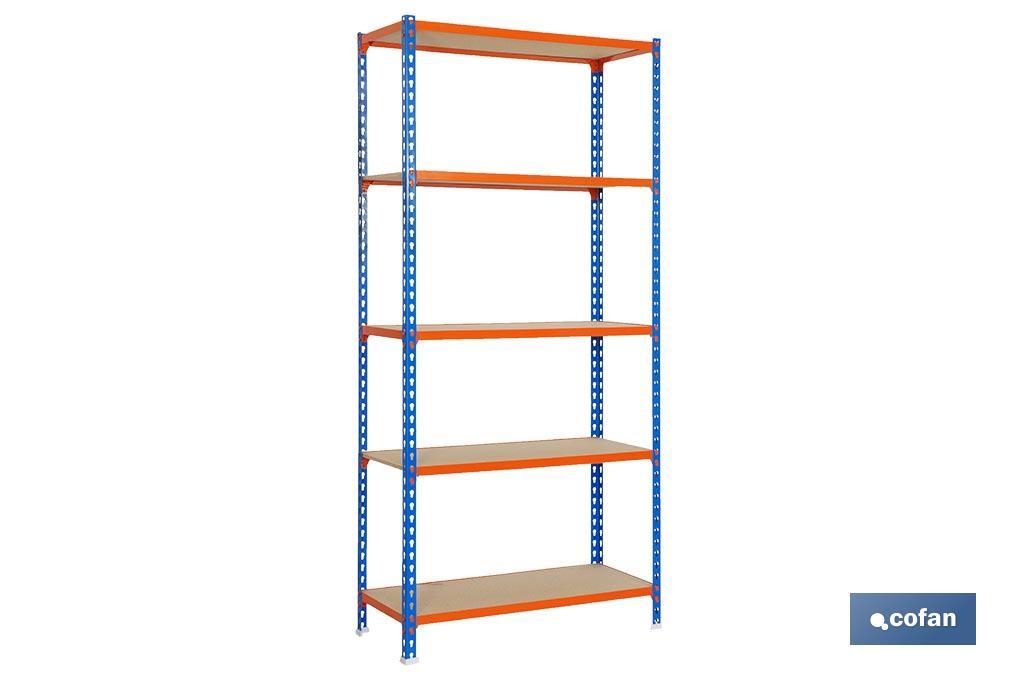 Estantería de acero | Color azul y naranja | Disponible con 5 baldas de madera | Medidas: 200 x 100 x 50 cm
