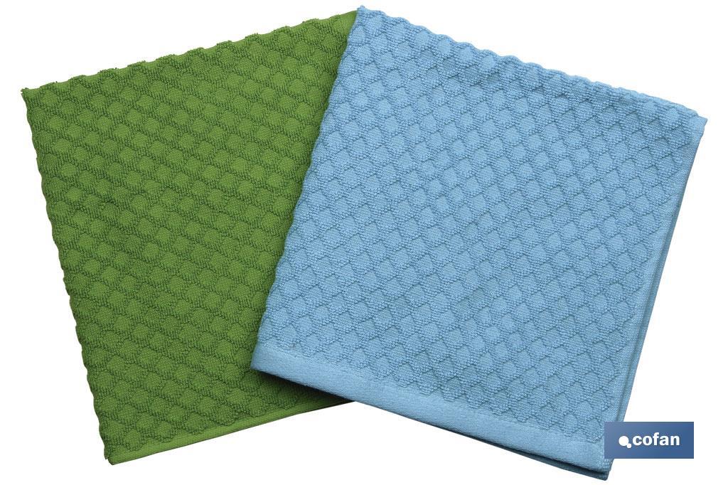 Pack de 2 paños de cocina | Medidas: 50 x 50 cm | Color verde y azul